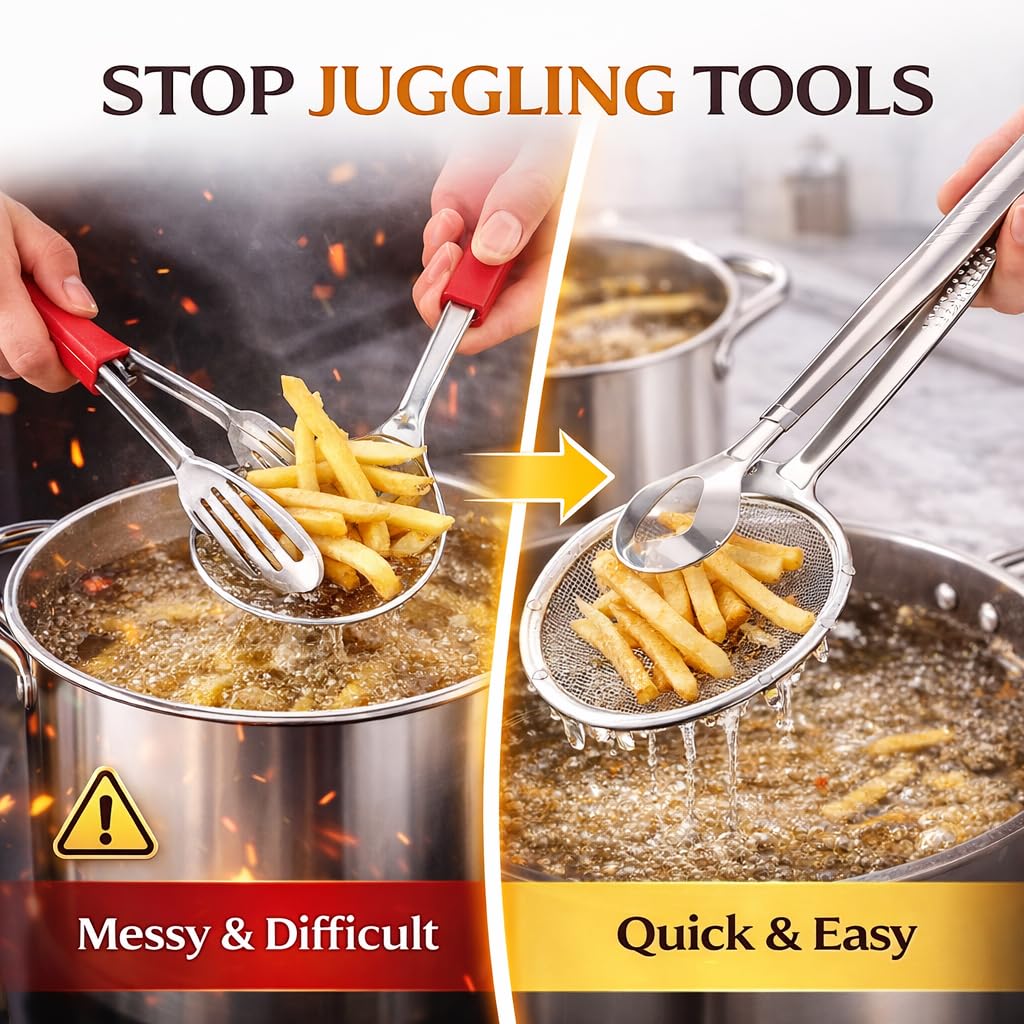 2-in-1 Grip & Drain Frying Strainer Tongs