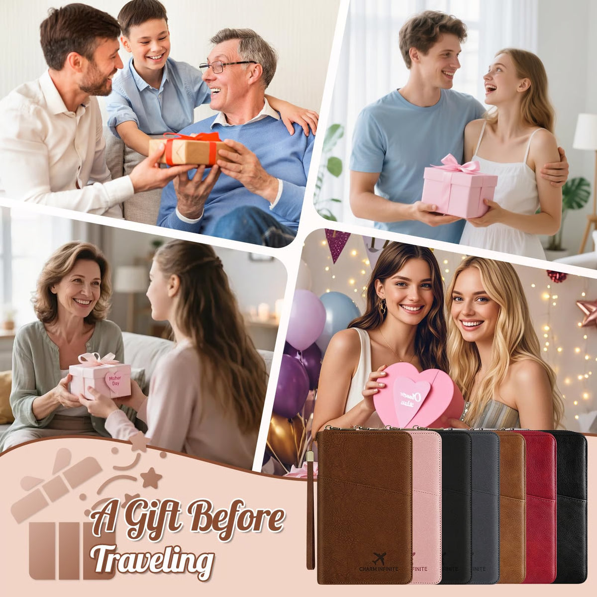 RFID-Blocking Family Passport Wallet with Zipper & Wrist Strap