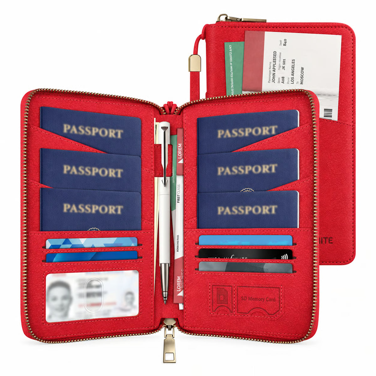 RFID-Blocking Family Passport Wallet with Zipper & Wrist Strap