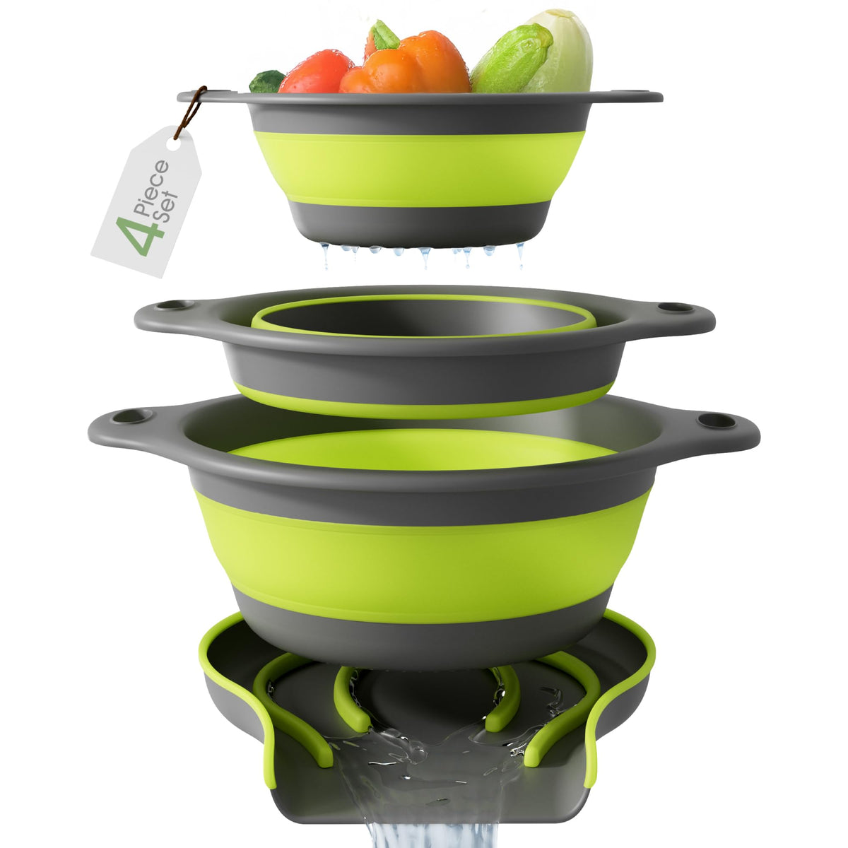 4-Piece Collapsible Colander Set with Self-Draining Tray