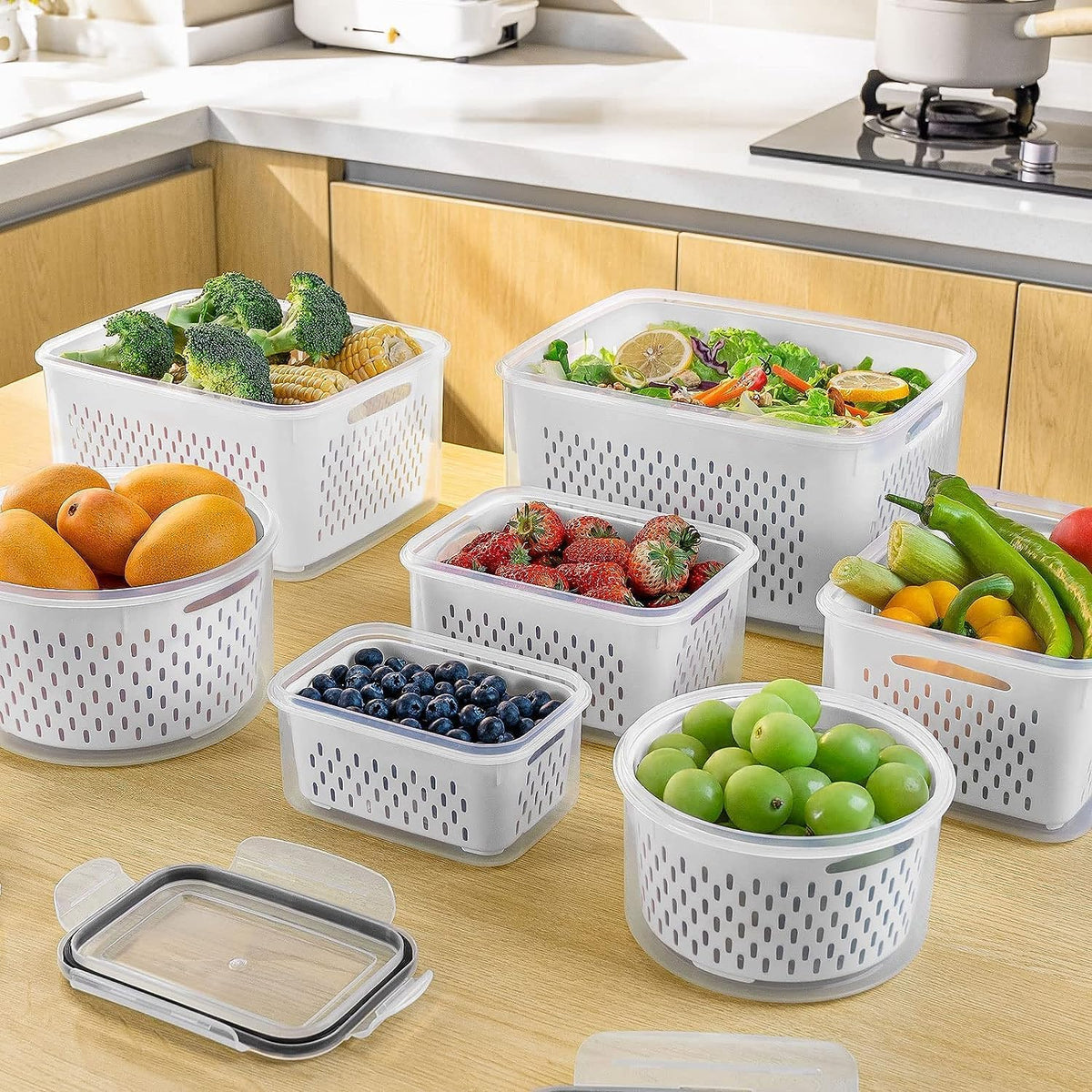 5-Piece Stackable Produce Storage Containers with Built-In Colanders