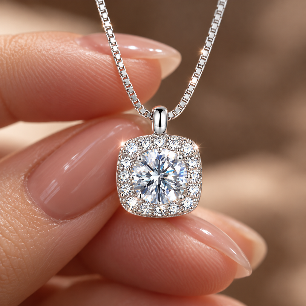 Silver Cushion-Cut Halo Cubic Zirconia Pendant Necklace
