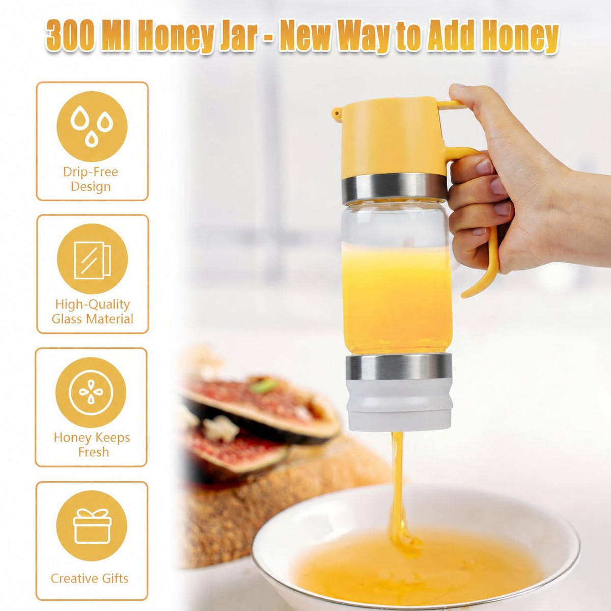 No-Drip Glass Honey & Syrup Dispenser with Stand