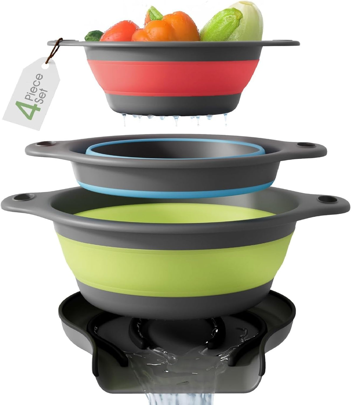 4-Piece Collapsible Colander Set with Self-Draining Tray