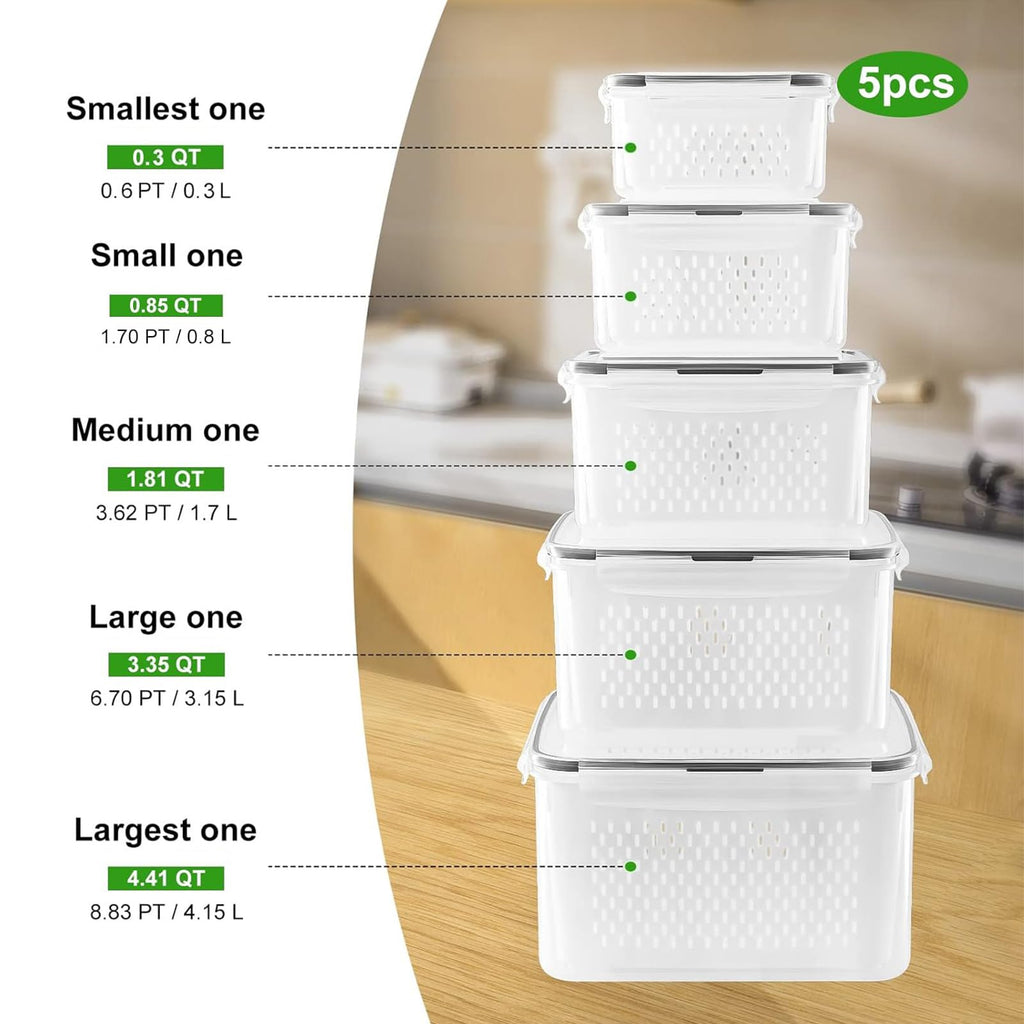 5-Piece Stackable Produce Storage Containers with Built-In Colanders