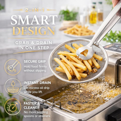 2-in-1 Grip & Drain Frying Strainer Tongs