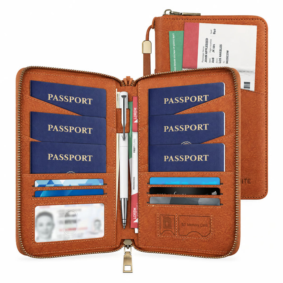 RFID-Blocking Family Passport Wallet with Zipper & Wrist Strap