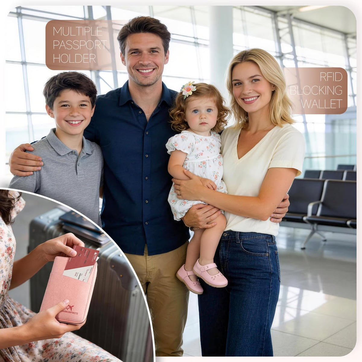 RFID-Blocking Family Passport Wallet with Zipper & Wrist Strap