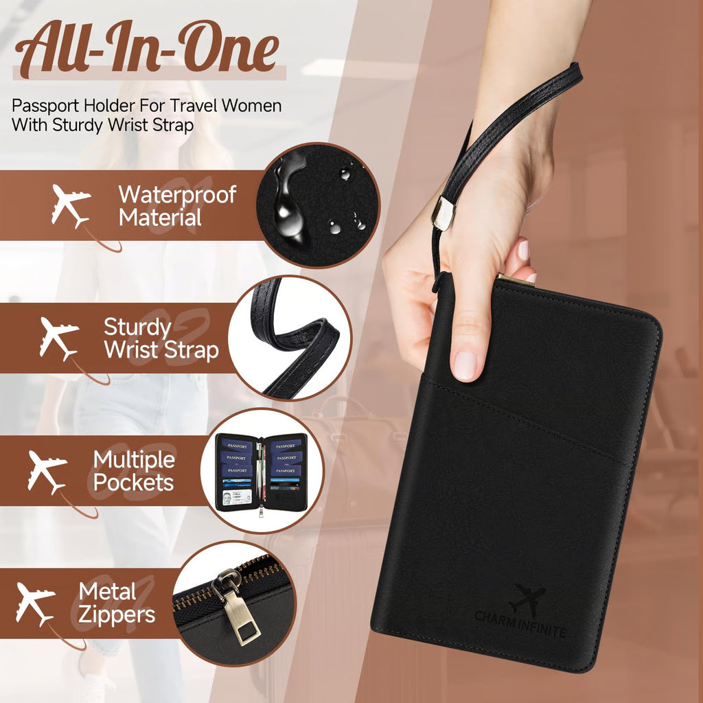RFID-Blocking Family Passport Wallet with Zipper & Wrist Strap
