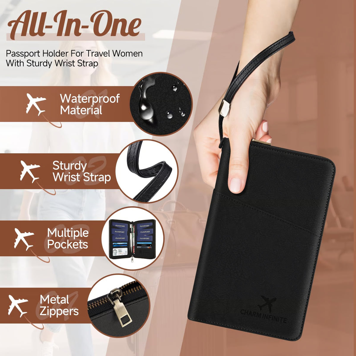 RFID-Blocking Family Passport Wallet with Zipper & Wrist Strap