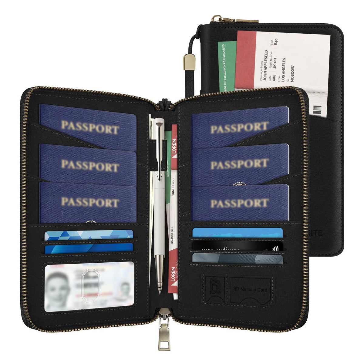 RFID-Blocking Family Passport Wallet with Zipper & Wrist Strap
