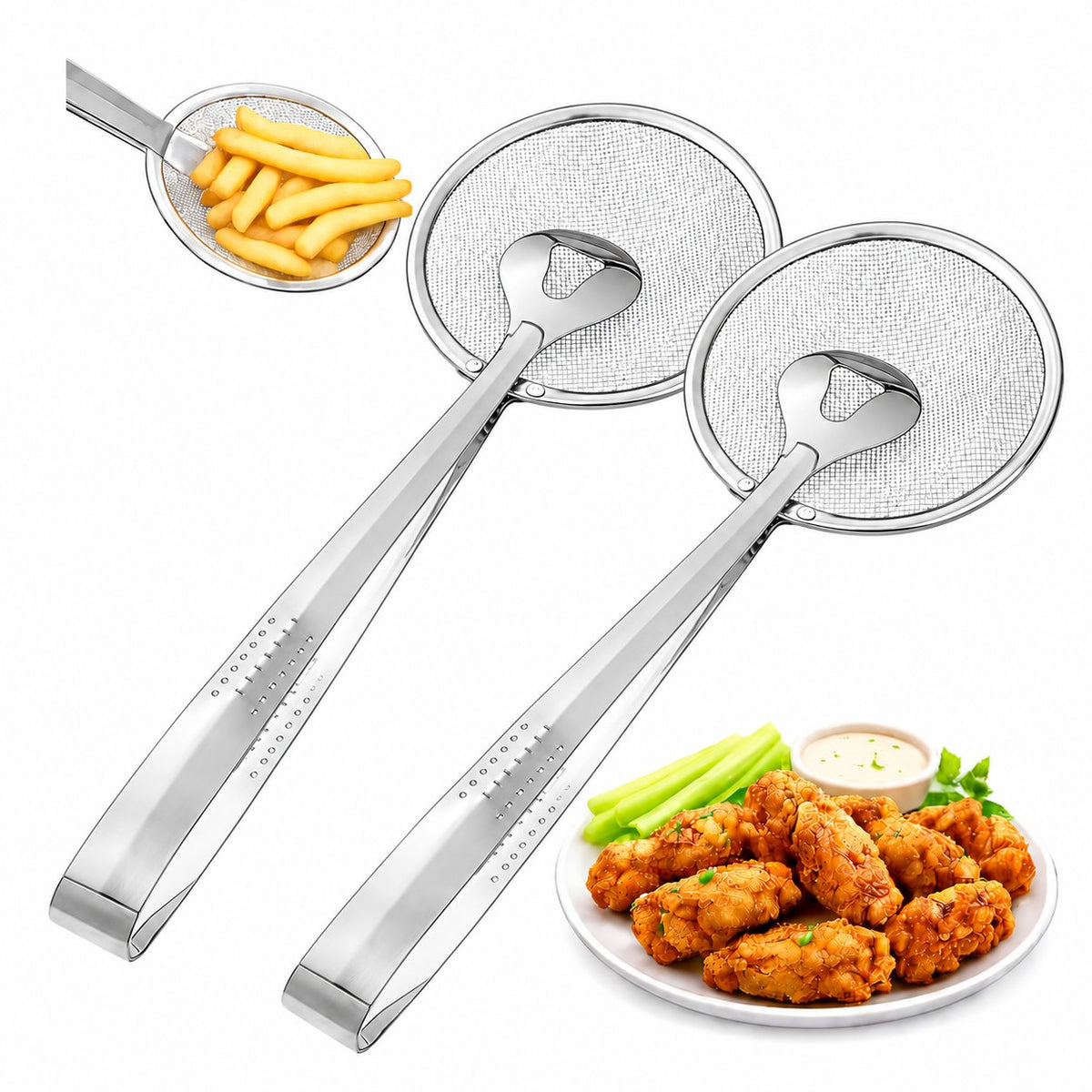 2-in-1 Grip & Drain Frying Strainer Tongs