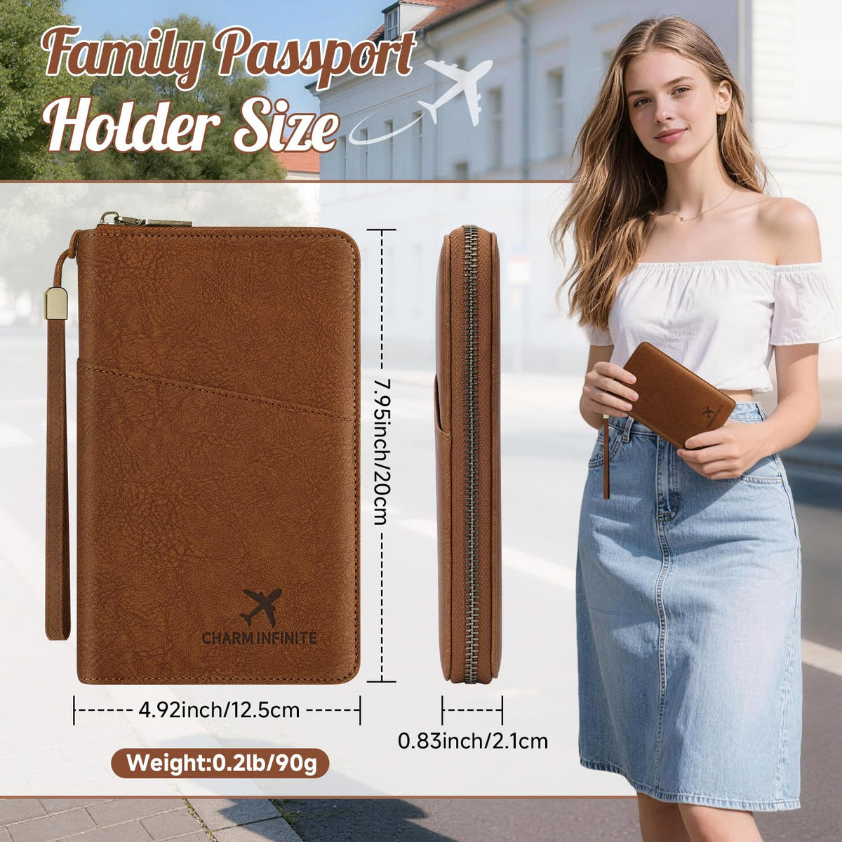 RFID-Blocking Family Passport Wallet with Zipper & Wrist Strap