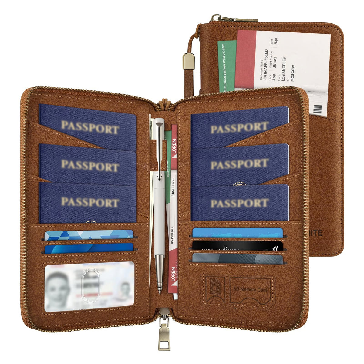 RFID-Blocking Family Passport Wallet with Zipper & Wrist Strap