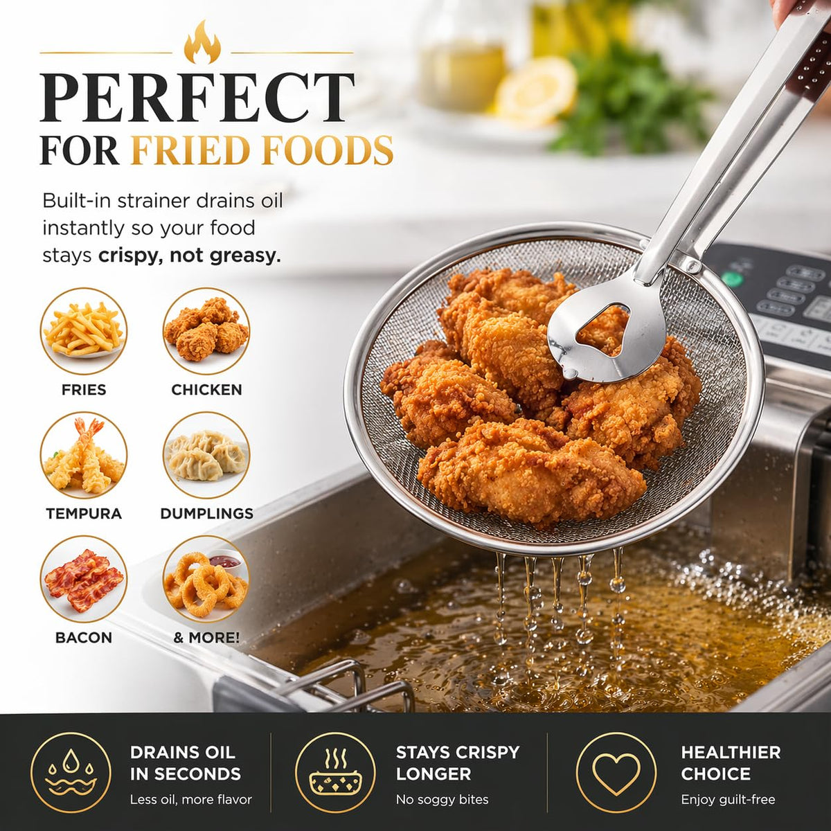 2-in-1 Grip & Drain Frying Strainer Tongs