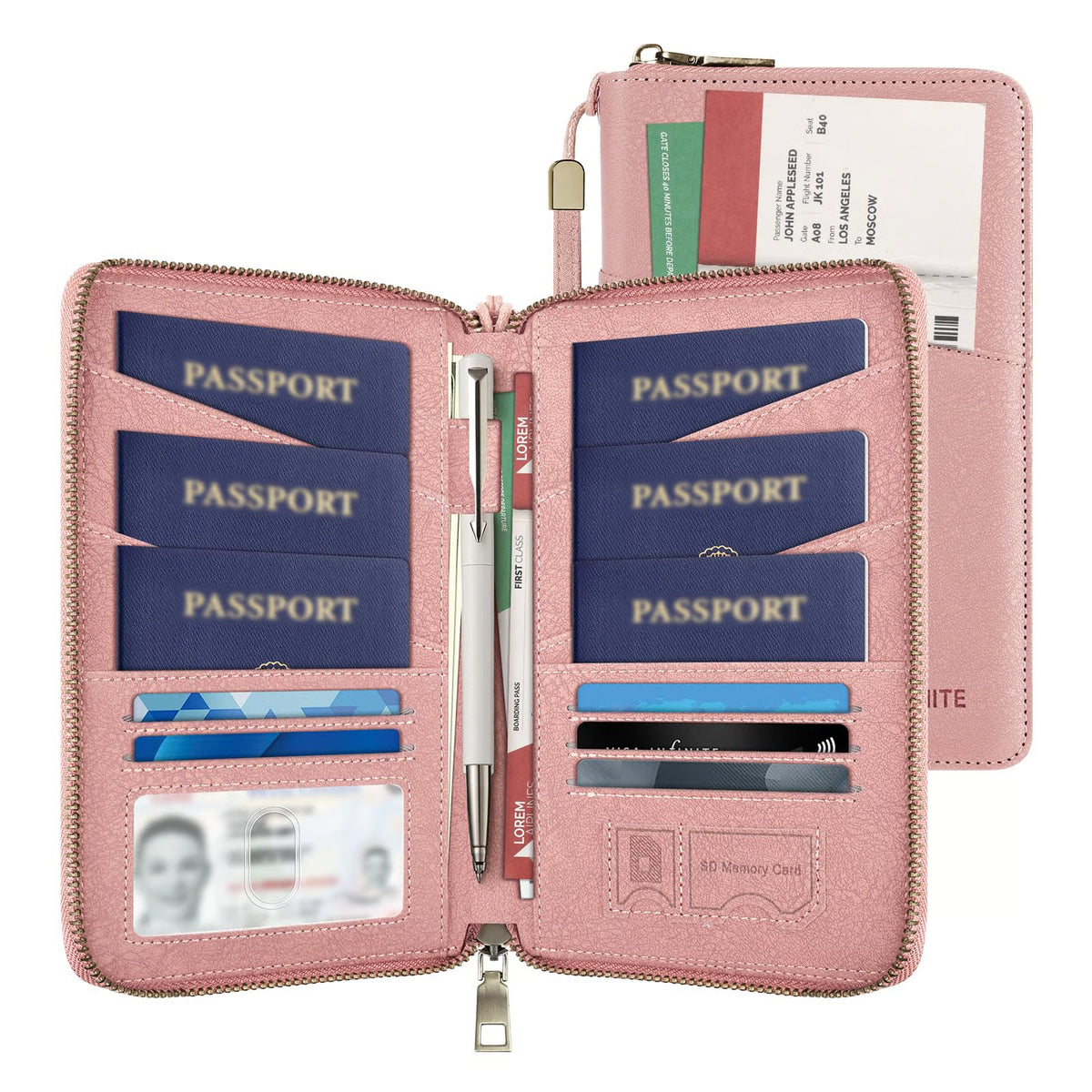 RFID-Blocking Family Passport Wallet with Zipper & Wrist Strap