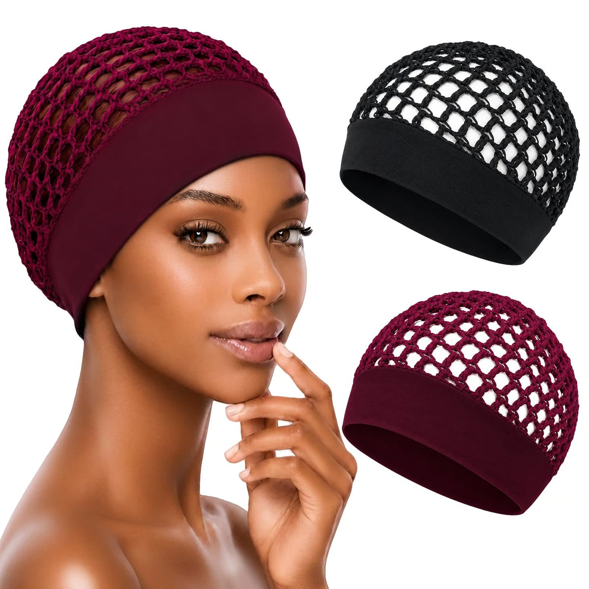 2-Pack Breathable Crochet Hair Nets for Sleeping with Ultra-Wide Soft Band