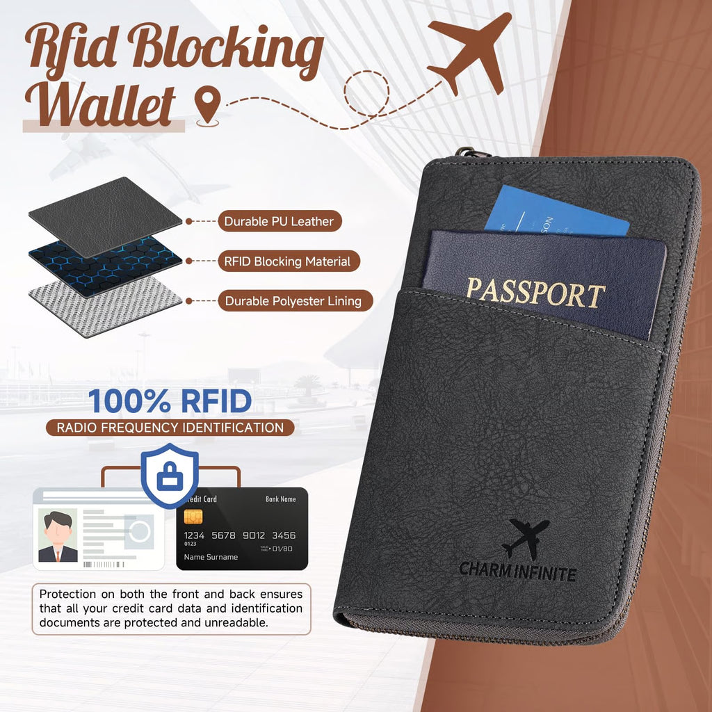 RFID-Blocking Family Passport Wallet with Zipper & Wrist Strap