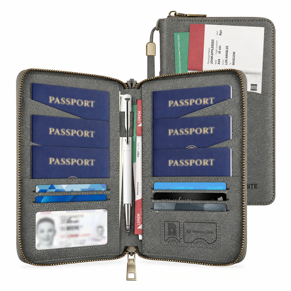 RFID-Blocking Family Passport Wallet with Zipper & Wrist Strap
