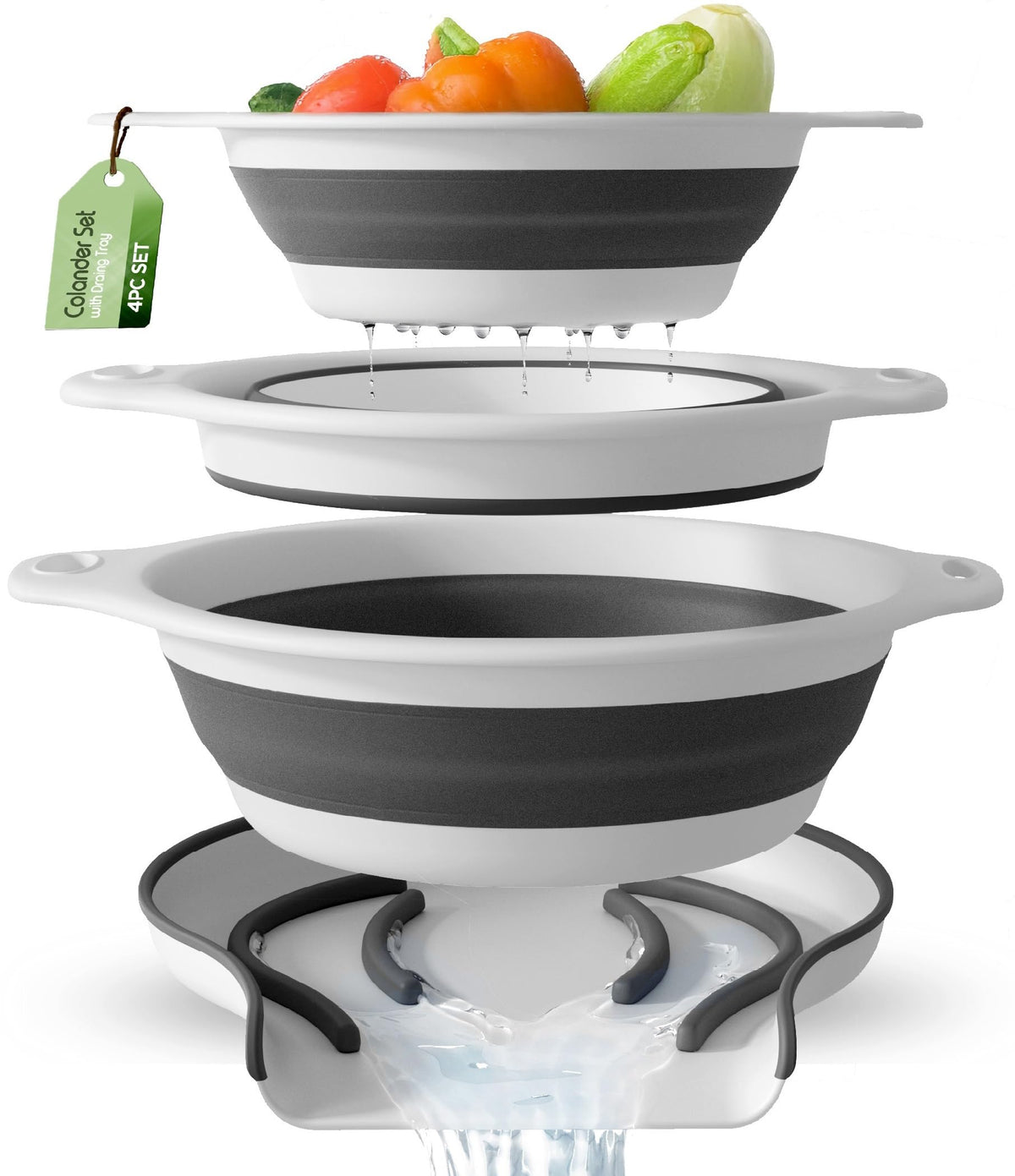 4-Piece Collapsible Colander Set with Self-Draining Tray