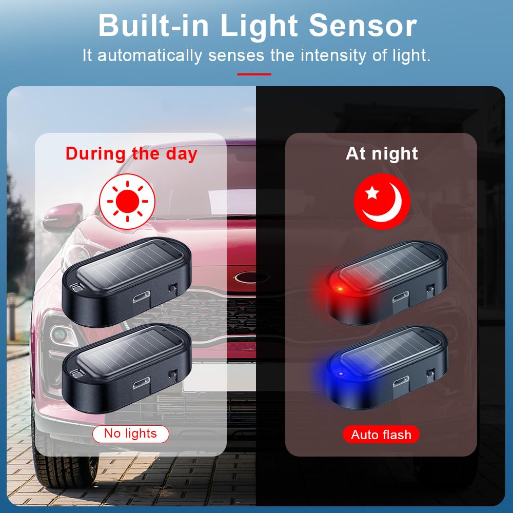 2-Pack Solar Car Alarm Warning Lights – Red & Blue Flashing LED Deterrent